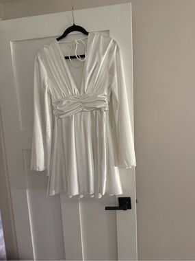 White Satin Long-Sleeve V-Neck Wedding Dress